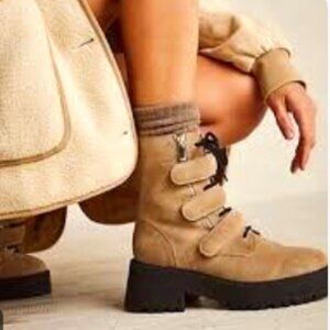 Free People Boots 9.5 Velcro Strap Platform Multi Zip Tan Suede Ankle Booties 40